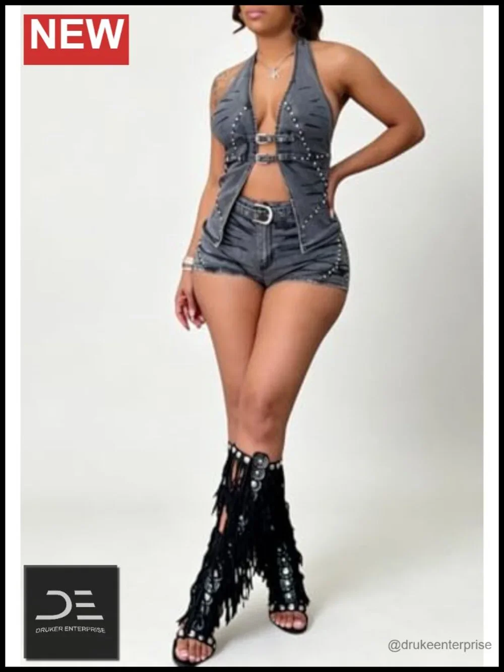 Denim 2 Piece Outfit Y2K Halter Crop Top & Short Set